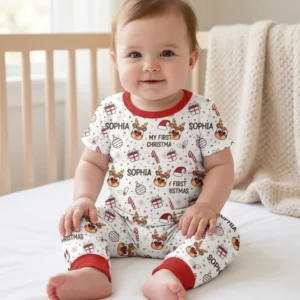 Custom Name Reindeer Doodle My First Christmas Bamboo Two Piece Short Sleeve Pajama Set