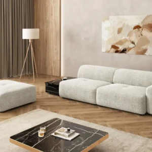 Designer Sofa Calm 3 Sitzer mit Beistellhocker und Beistelltisch in Bouclé