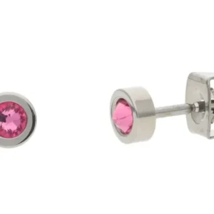 Ohrstecker aus Titan mit rundem rosa Stein, silberner Fassungsrand und Steckverschluss