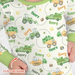 Construction St. Patrick's Day Custom Name Bamboo Two Piece Long Sleeve Pajama Set