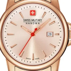 Damenarmbanduhr Swiss Military Hanowa, roségoldfarbenes Edelstahlband, Zifferblatt, Datum 28