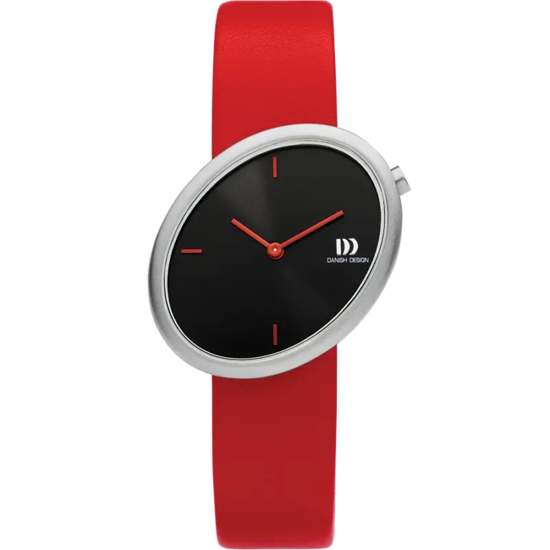 Armbanduhr mit elliptischem Gehäuse, rotem Lederband und schwarzem Zifferblatt