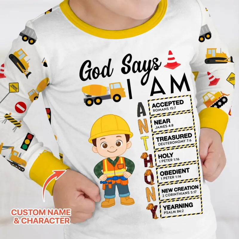 Custom Name God Says I Am Little Builder Letter in Bible Bamboo Two Piece Long Sleeve Pajama Set