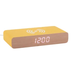 Retro-Flach-LED-Wecker mit hellgelber Oberseite, Holzgehäuse und Display 12:00