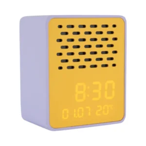 Lila-gelber Wecker mit LED-Display und Lautsprecheröffnungen