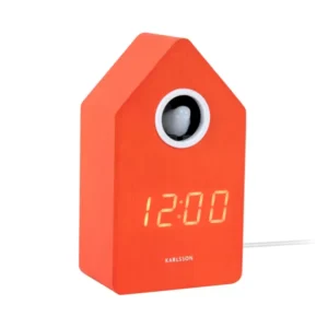 LED-Kuckucksuhr im orangefarbenen Holzhaus mit LED-Ziffern 12:00