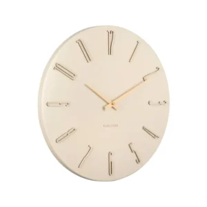 Wanduhr in Cremeweiß mit goldenen Stabindexen, Zeigern und Uhrmarke