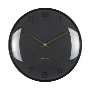 Schwarze runde Wanduhr mit goldenen Zeigern und geprägten Ziffern