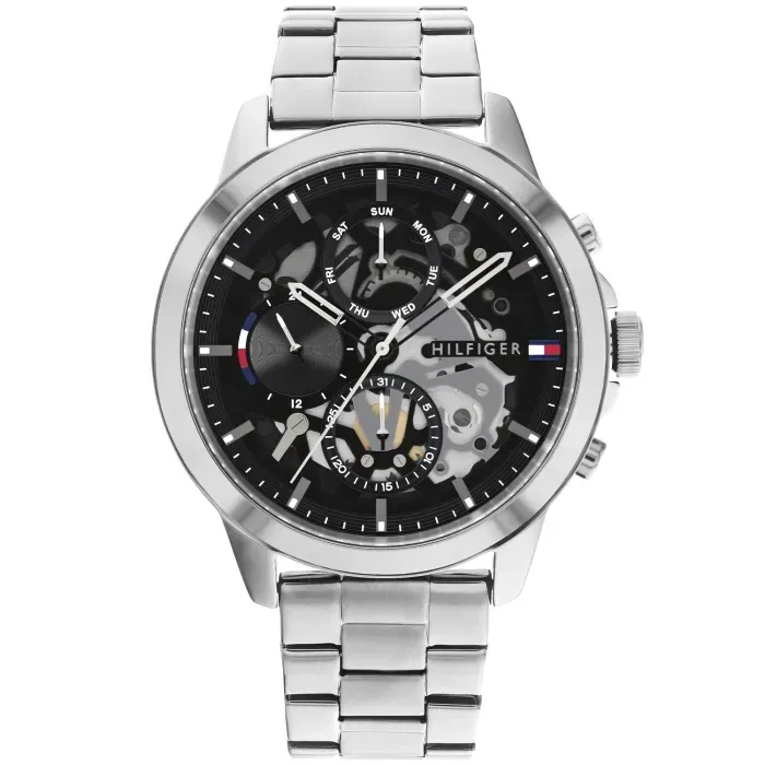 Tommy Hilfiger Herrenarmbanduhr mit silbernem Metallband und schwarzem Skelett-Zifferblatt