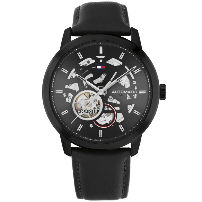 Tommy Hilfiger Herrenuhr Henry Automatic: schwarzes Lederband, Skelettzifferblatt