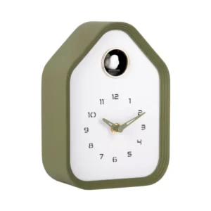 Wanduhr mit grünem Rahmen, weißem Ziffernblatt und ausgestellter Stundenanzeige