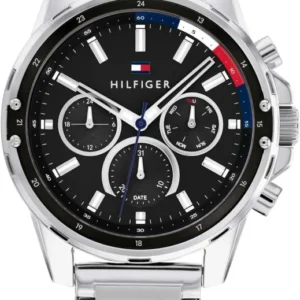 Herrenarmbanduhr mit silbernem Metallband und schwarzem Zifferblatt, Chronograph-Optik