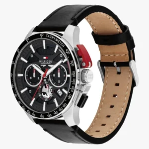 Tommy Hilfiger Herrenuhr mit Skelett-Chronograph, schwarzem Zifferblatt und Lederarmband