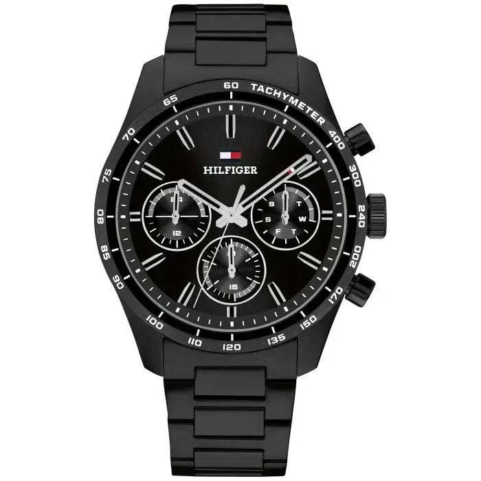 Tommy Hilfiger Herrenarmbanduhr, schwarzes Quarz-Chronograph-Design mit Tachymeter-Lünette