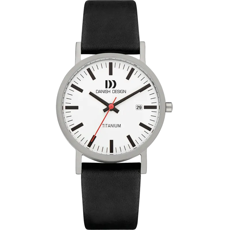 Danish Design Herrenuhr mit Titangehäuse, weißem Zifferblatt und schwarzem Lederarmband