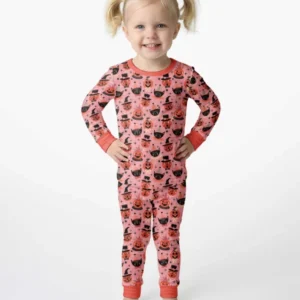 Retro Halloween Cats and Funny Pumpkins Bamboo Two Piece Long Sleeve Pajama Set