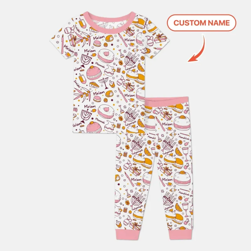 Happy Hanukkah Doodles Custom Name Family Matching Bamboo Two Piece Short Sleeve Pajama Set