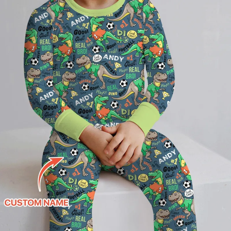 Custom Name Dino Soccer Bamboo Two Piece Long Sleeve Pajama Set