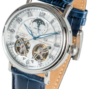 Carl von Zeyten Herren-Armbanduhr: Automatik, Mondphase, blaues Lederband, Saphirglas