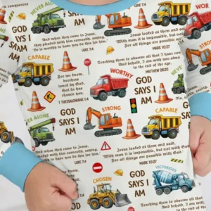 Bible Verse Construction Trucks Bamboo Two Piece Long Sleeve Pajama Set