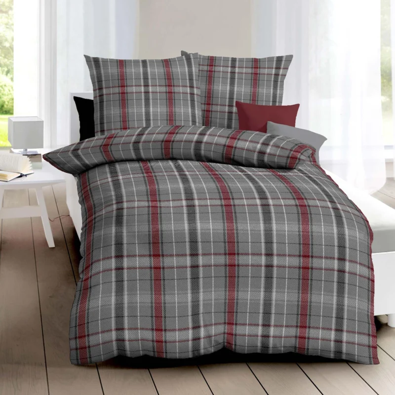 Bettwäsche Biber Villa allover Grau mit Karomuster 135 x 200 cm