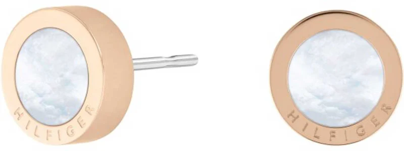 Runde Ohrstecker mit hellem Stein, roségoldfarbenes Metall, Hilfiger-Schrift