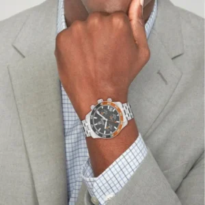 Tommy Hilfiger Herrenarmbanduhr mit silbernem Edelstahlband und schwarzem Chronograph-Zifferblatt