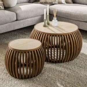 Couchtisch Arida - 2er Set aus Mangoholz mit Keramik-Tischplatte