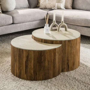 Couchtisch Oruva - 2er Set aus Mangoholz mit Keramik-Tischplatte