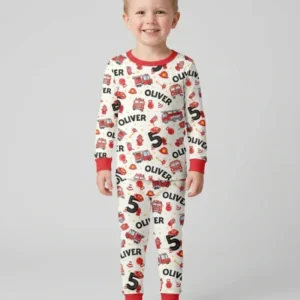 Custom Name Fire Truck Birthday Boy Bamboo Two Piece Long Sleeve Pajama Set