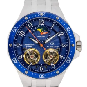 Silberne Herrenuhr mit blauem Zifferblatt, Metallarmband und Mondphasen-Anzeige