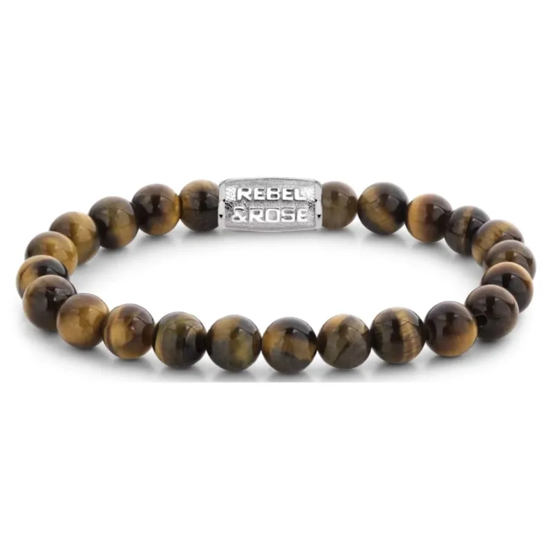 Armband mit 8 mm großen Tigerauge-Steinen und Edelstahlverschluss, Perlenarmband
