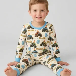 Custom Name Birthday Boy Monster Truck Bamboo Two Piece Long Sleeve Pajama Set