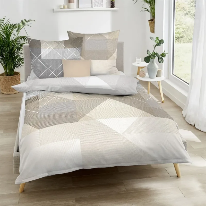 Bettwäsche Mako Satin Linear Natur mit geometrischem Muster 135 x 200 cm, 155 x 220 cm
