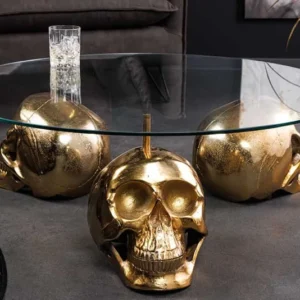 Design Couchtisch SKULL XXL 90cm gold rund Glasplatte Metall Totenkopf handmade
