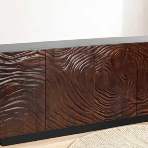 FLUID Massives Sideboard 175cm walnuss-braun Akazienholz 3D-Design schwarzer Sockelfuß
