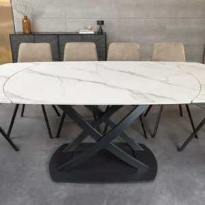 INCEPTION Ausziehbarer Esstisch 130-190cm weiß Marmor Keramik schwarzes Metallgestell