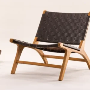 Designer Lounge Sessel Tevari – Geflecht aus Teak & Lederoptik Braun