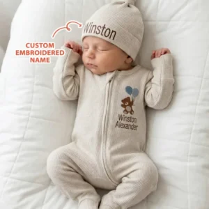 Personalized Dream Bear Embroidered Waffle Bamboo Zipper Footie