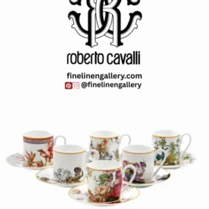 Roberto Cavalli Home Coffee Cup & Saucer FLOWERS Set of 6 in Luxury Box diam. 2.3", H 2.5", Cap. 4 oz, Saucer diam. 4.75" - Palais Royal Linen Gallery