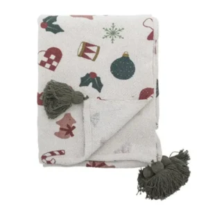 Überwurfdecke Aila - Natur/Grün, aus recycelter Baumwolle, mit Weihnachtsmotiven