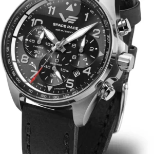 Herrenuhr mit schwarzem Zifferblatt und schwarzem Lederarmband, silberfarbener Lünette