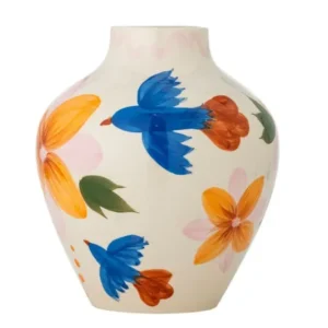 Vase Mariella – handbemalte Steingutvase in Bunt mit Vogelmotiv