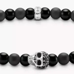 Herrenarmband mit schwarzen Perlen und Totenkopf-Anhänger aus Metall