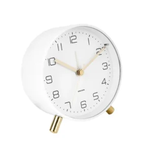 Weißer analoger Wecker mit goldenem Sockel und Ziffernblatt, runde Form