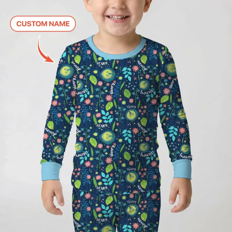 Nighttime Bugs Custom Name Bamboo Two Piece Long Sleeve Pajama Set