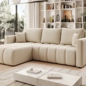 Designer Ecksofa Beatrice mit Schlaf- und Klappfunktion in Stoff