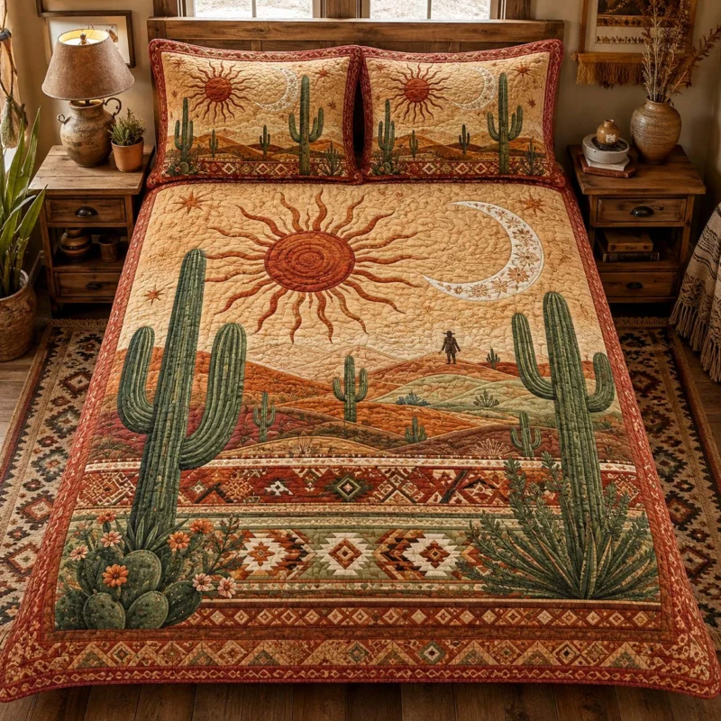 Boho Feather Landscape Bamboo Quilt Bedding Set