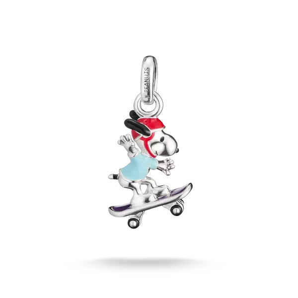 925-Sterlingsilber Anhänger mit Snoopy auf Skateboard, rot/blau emailliert