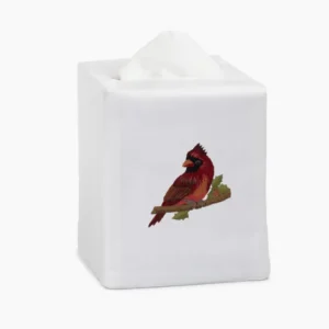 Henry Handwork white linen tissue box cover with embroidered red cardinal on branch.